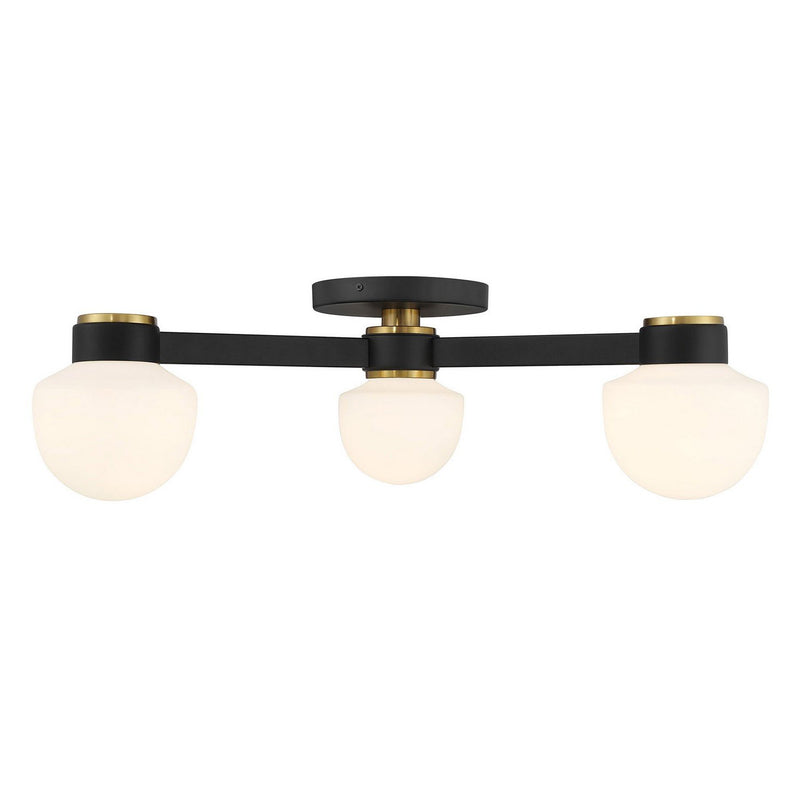 Mid-Century Opal Globe 30" 3-Light Semi-Flush Mount in Matte Black with Natural Brass