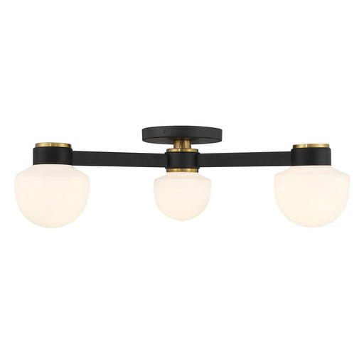 Mid-Century Opal Globe 30" 3-Light Semi-Flush Mount in Matte Black with Natural Brass