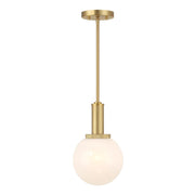White Strie Globe 8" 1-Light Mini Pendant in Natural Brass