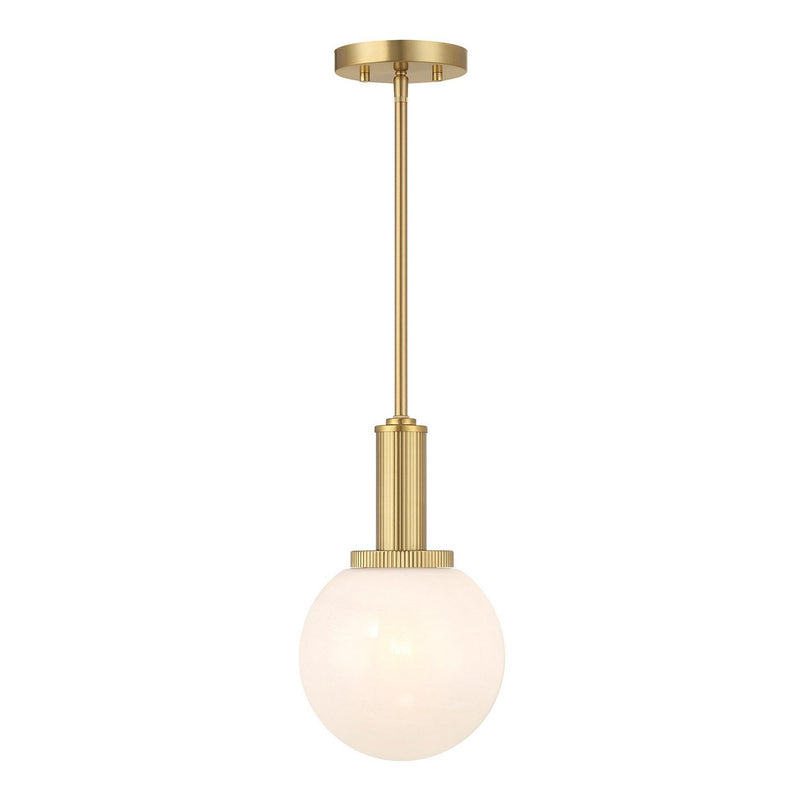 White Strie Globe 8" 1-Light Mini Pendant in Natural Brass