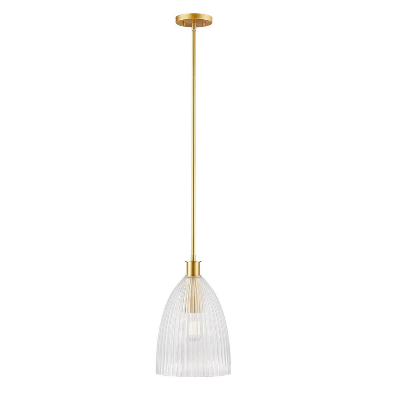 Clear Pleated Glass 10" 1-Light Mini Pendant in Natural Brass