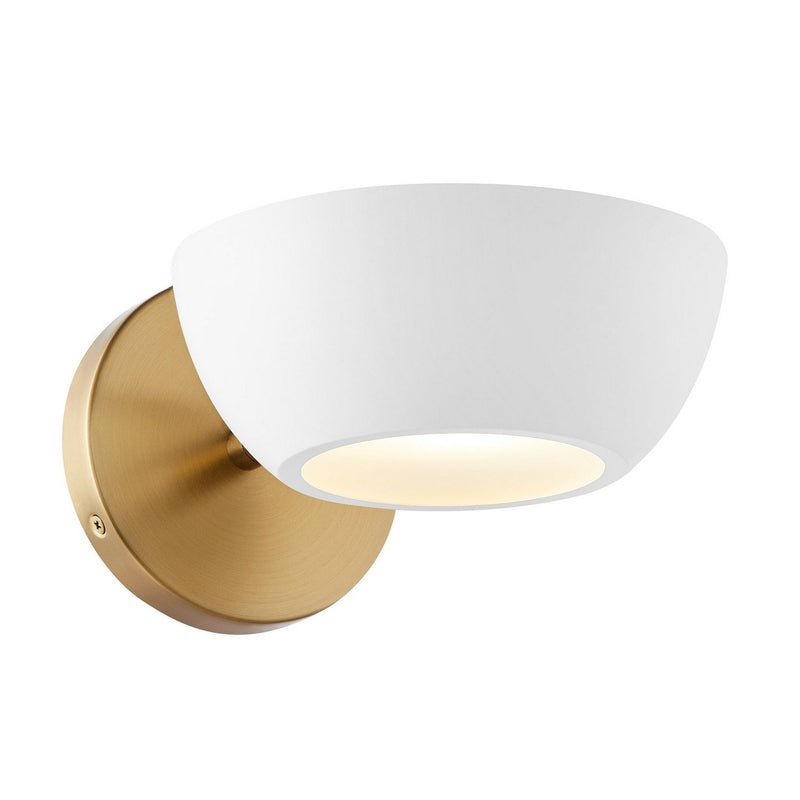 Half Moon Metal Shade 1-Light Wall Sconce in White and Natural Brass