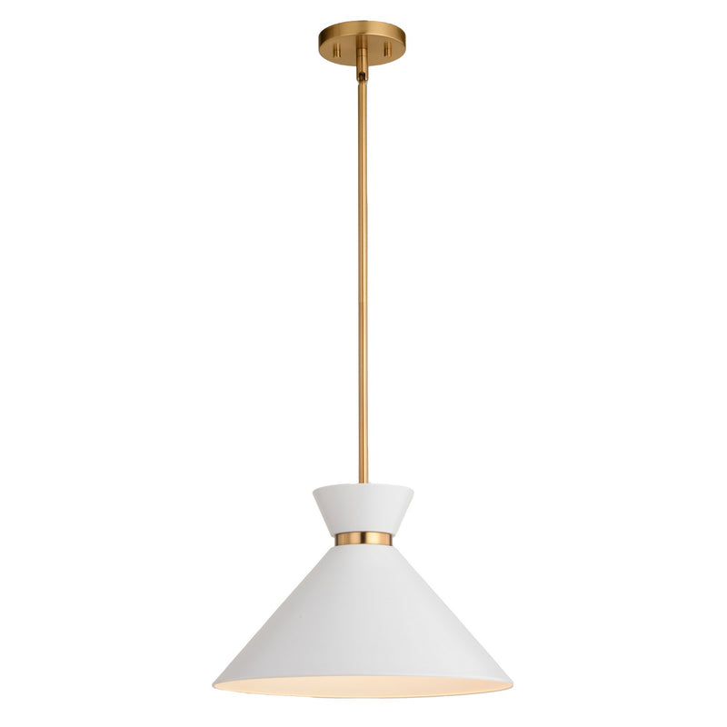 Racine One Light Pendant in Matte White and Natural Brass