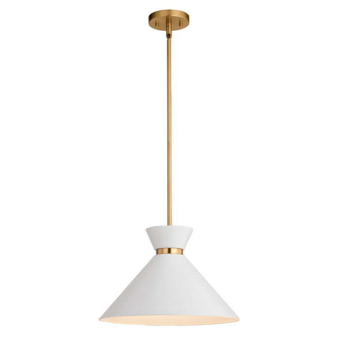 Racine One Light Pendant in Matte White and Natural Brass