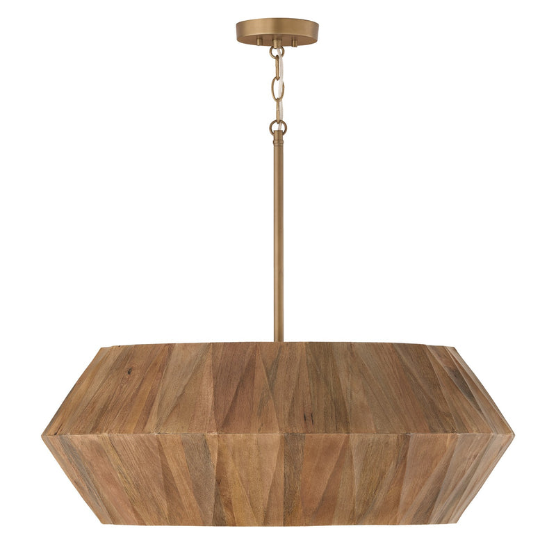 Nadeau Six Light Pendant in Light Wood and Patinaed Brass