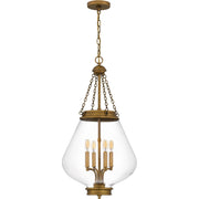 Clear Glass Teardrop 4-Light Lantern Pendant in Weathered Brass