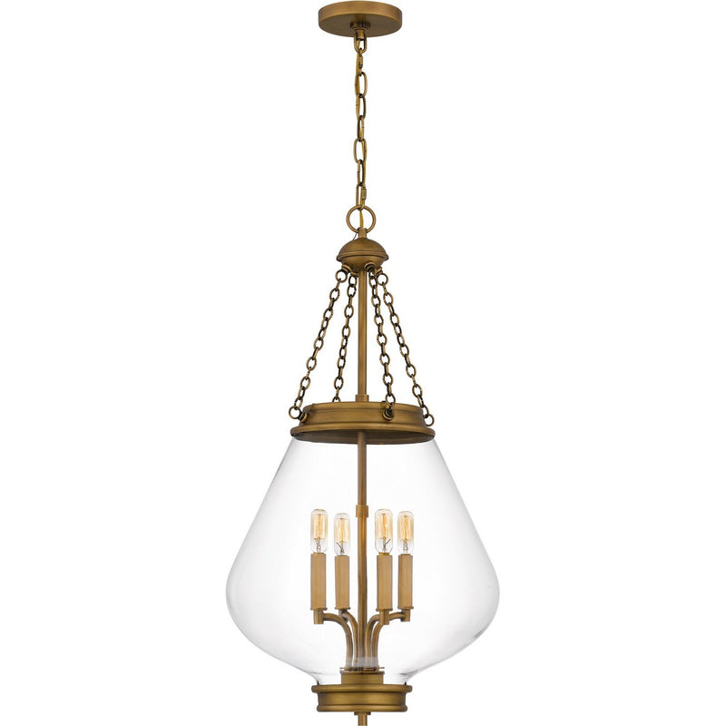 Clear Glass Teardrop 4-Light Lantern Pendant in Weathered Brass