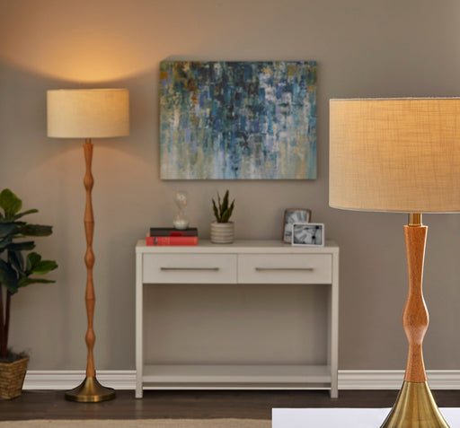 Eve Floor Lamp in Natural Oak Wood W. Antique Brass