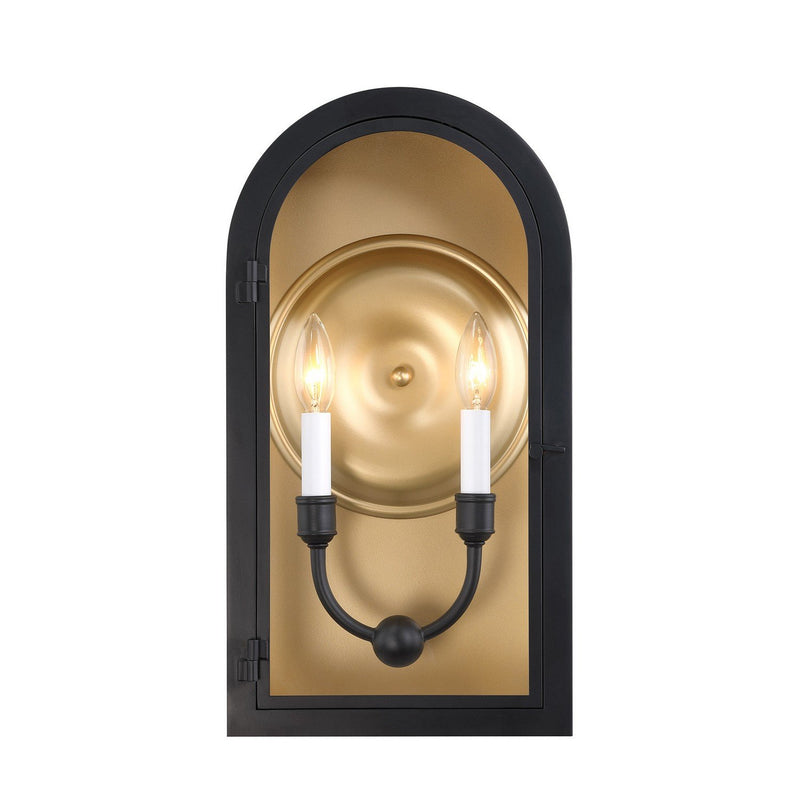 Grotto Medium 2-Light Outdoor Wall Lantern in Matte Black with Vintage Gold