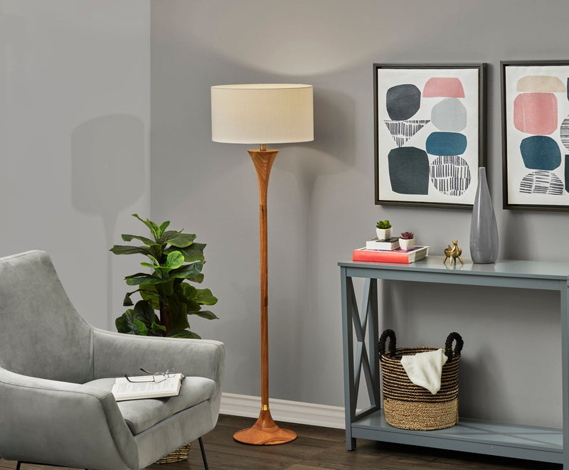 Rebecca Floor Lamp in Natural Rubberwood W. Antique Brass