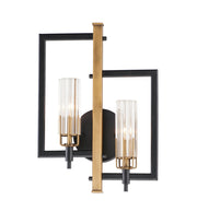 Flambeau 2 Light Damp Rated Wall Sconce in Black / Antique Brass