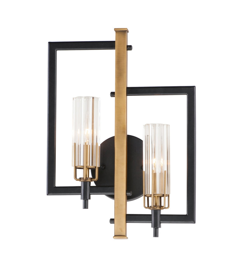 Flambeau 2 Light Damp Rated Wall Sconce in Black / Antique Brass