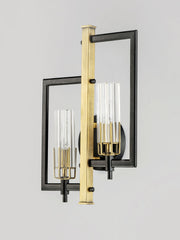 Flambeau 2 Light Damp Rated Wall Sconce in Black / Antique Brass