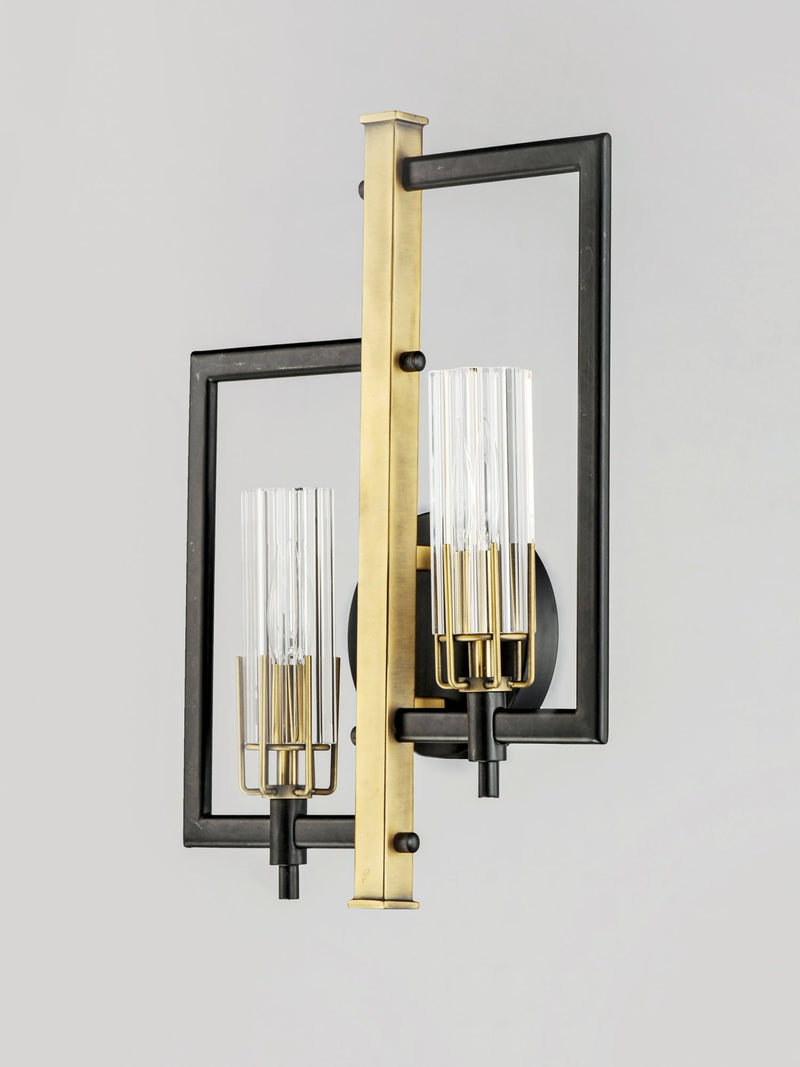 Flambeau 2 Light Damp Rated Wall Sconce in Black / Antique Brass