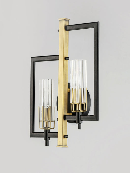 Flambeau 2 Light Damp Rated Wall Sconce in Black / Antique Brass