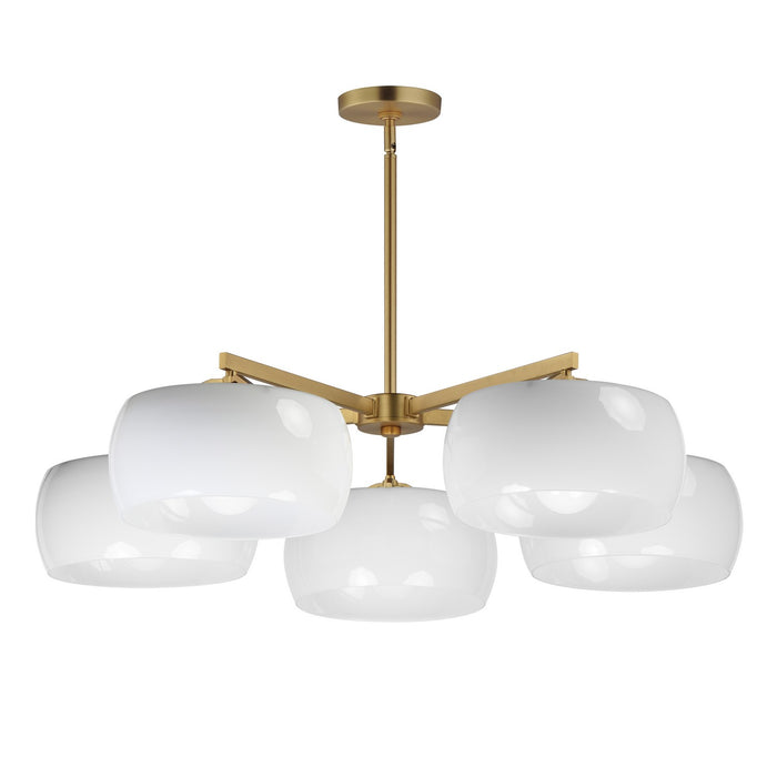 Glazed Five Light Chandelier in White/Natural Aged Brass