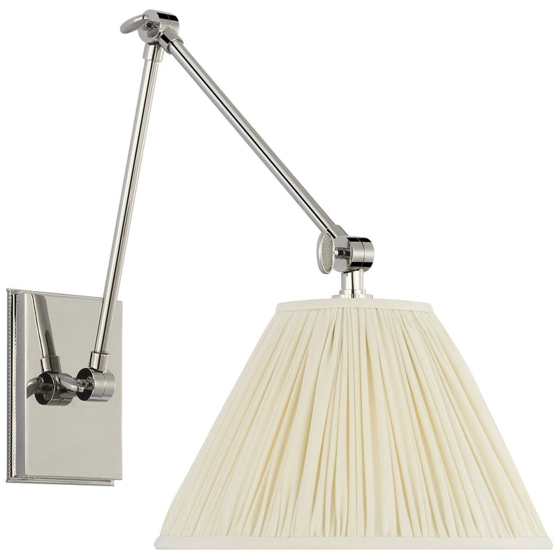 Wimberley Double Library Swing Arm Wall Lamp with Silk Pleated Shade in Polished Nickel