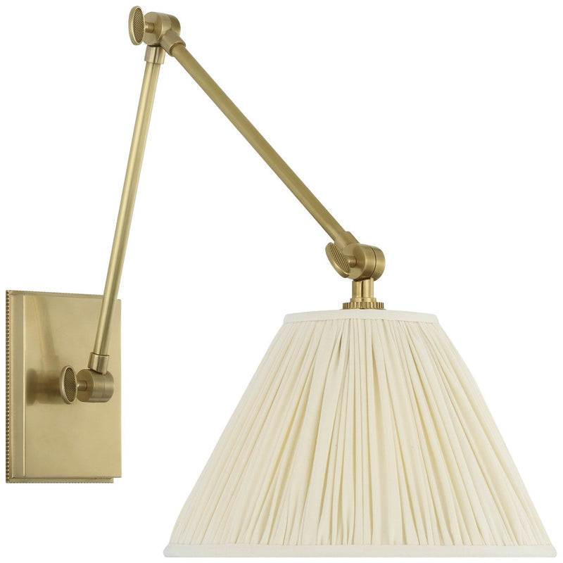 Wimberley Double Library Swing Arm Wall Lamp with Silk Pleated Shade in Soft Brass