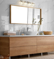 Astor 4 Light 29" Vanity, Clear Shade in Brushed Nickel in a room setting