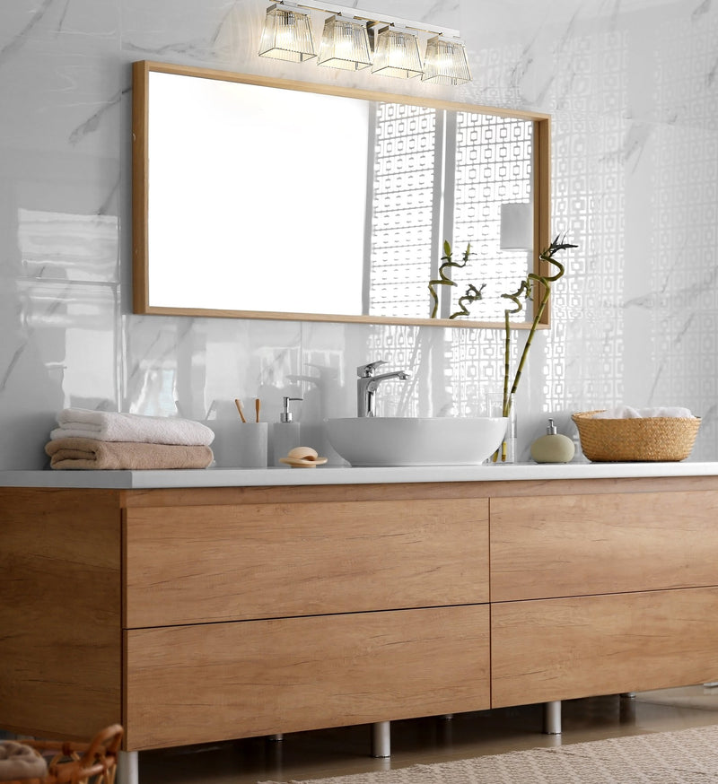 Astor 4 Light 29" Vanity, Clear Shade in Brushed Nickel in a room setting