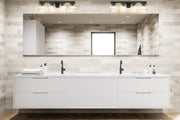 Astor 4 Light 29" Vanity, Clear Shade in Matte Black in a room setting