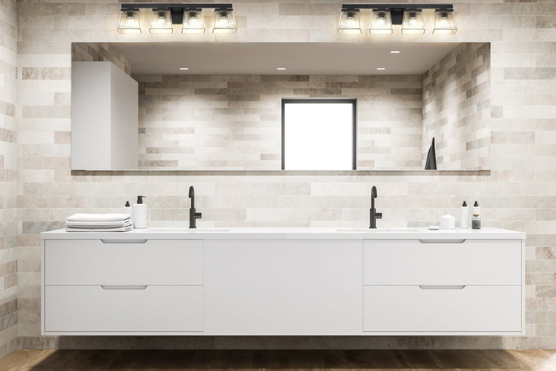 Astor 4 Light 29" Vanity, Clear Shade in Matte Black in a room setting