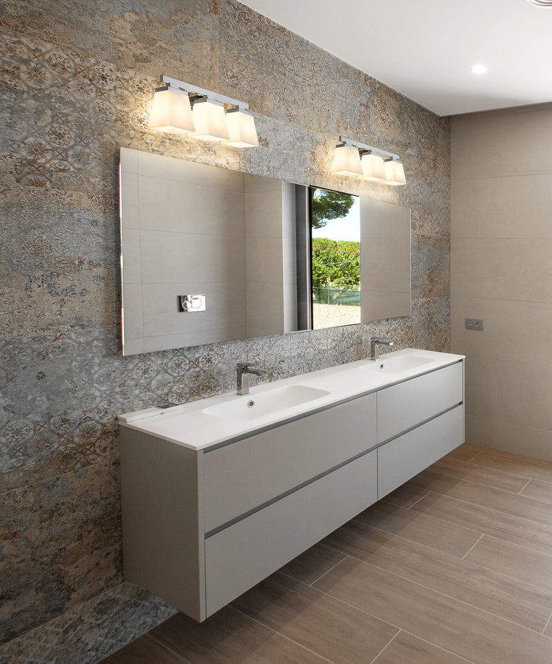 Astor 3 Light 23" Vanity, Etched Opal Shade in Chrome in a room setting