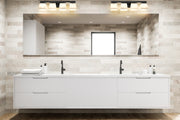 Astor 4 Light 29" Vanity, Etched Opal Shade in Matte Black in a room setting