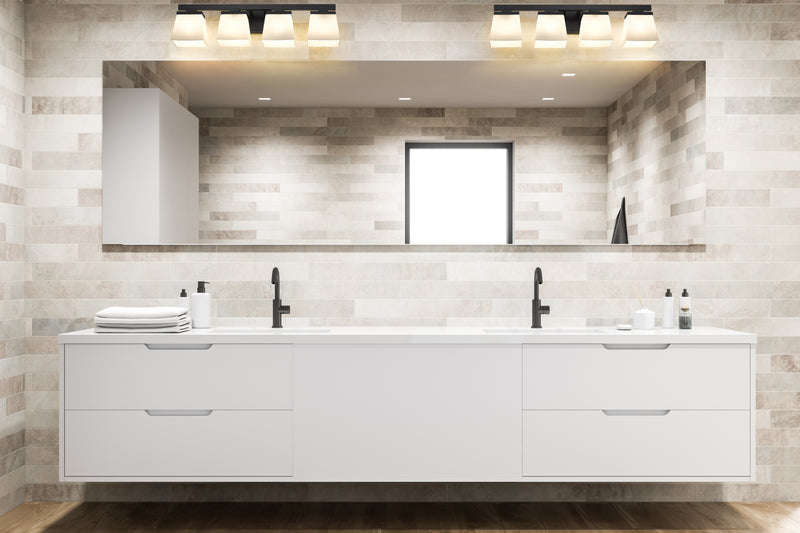 Astor 4 Light 29" Vanity, Etched Opal Shade in Matte Black in a room setting