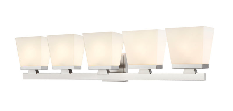 Astor 5 Light 36" Vanity, Etched Opal Shade in Brushed Nickel