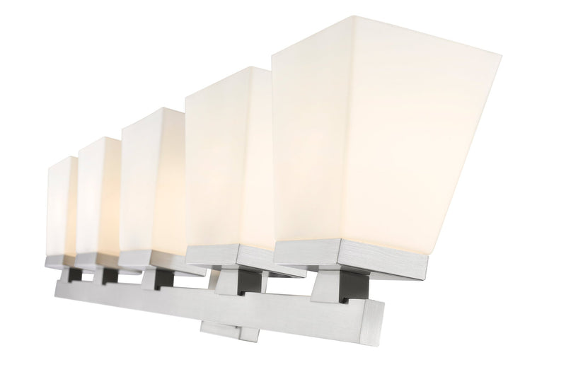 Astor 5 Light 36" Vanity, Etched Opal Shade in Brushed Nickel
