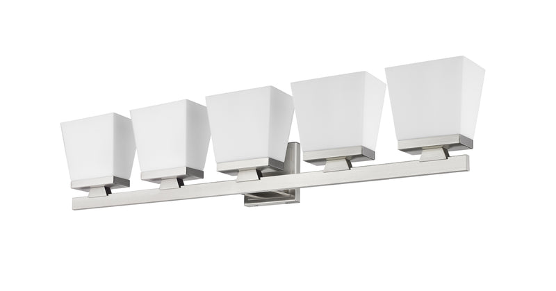 Astor 5 Light 36" Vanity, Etched Opal Shade in Brushed Nickel