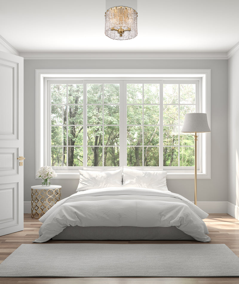 Glacier 3 Light 12.5" Flush Mount in Modern Gold in a room setting