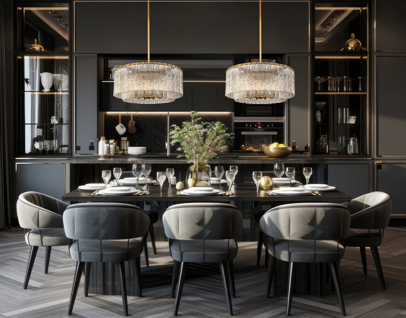 Glacier 10 Light 27.5" Pendant in Modern Gold in a room setting