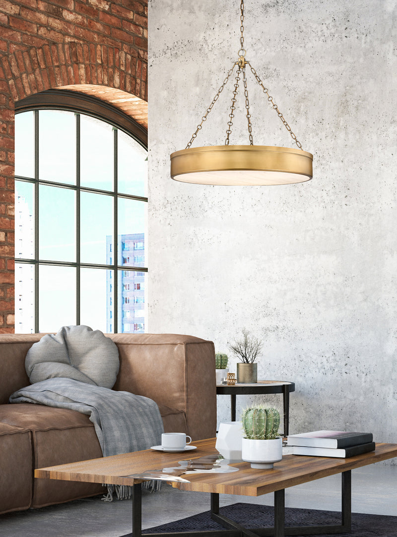 Anders 3 Light 33" Pendant in Rubbed Brass in a room setting