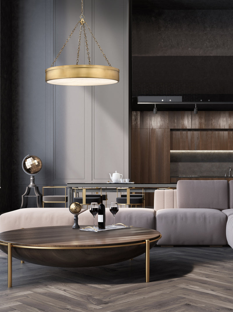 Anders 3 Light 33" Pendant in Rubbed Brass in a room setting