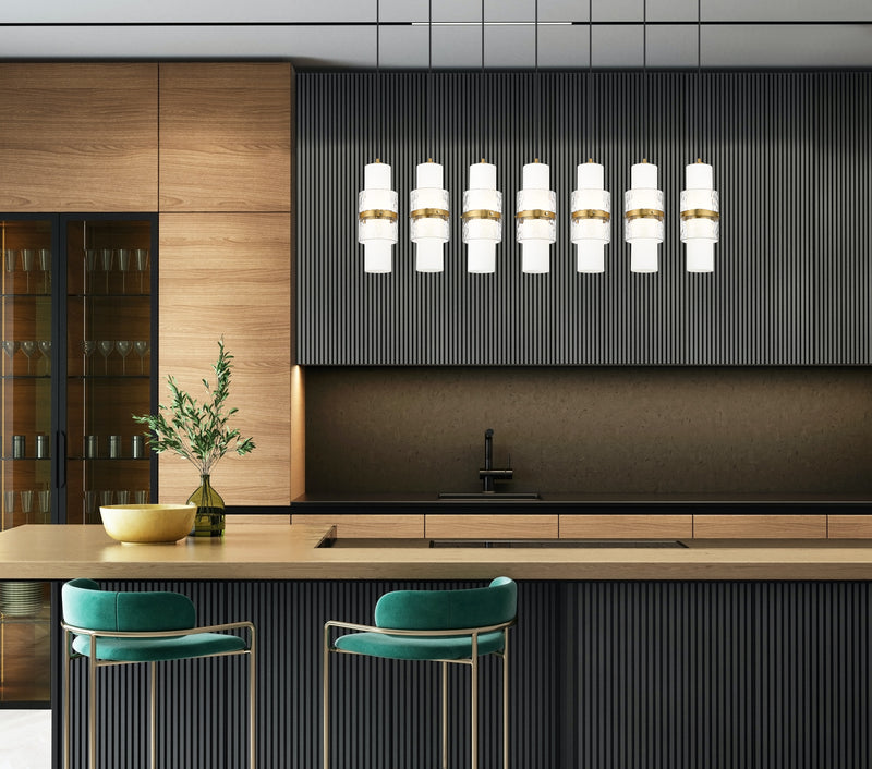 Cayden 7 Light 54" Linear Pendant in Modern Gold in a room setting