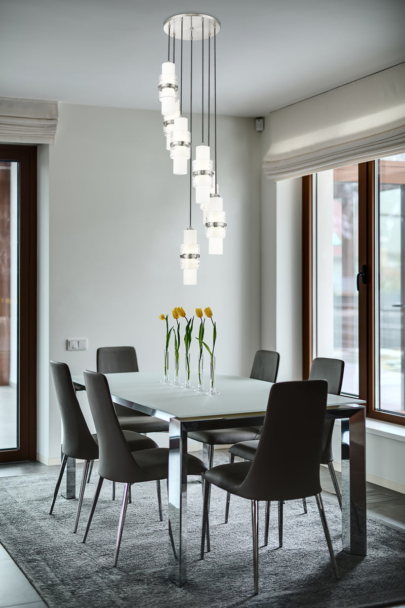 Cayden 7 Light 18" Pendant in Brushed Nickel in a room setting