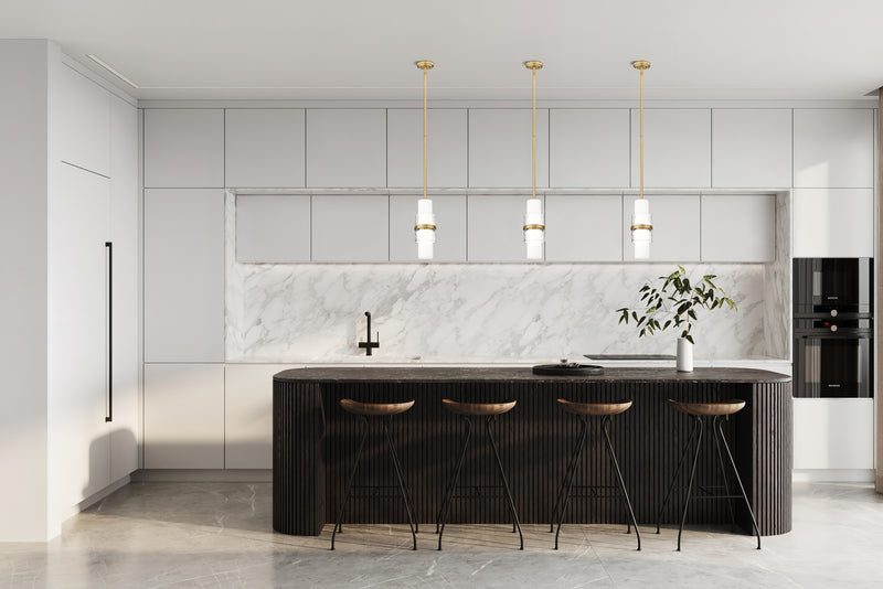 Cayden 1 Light 6.5" Pendant, Rod Mount in Modern Gold in a room setting