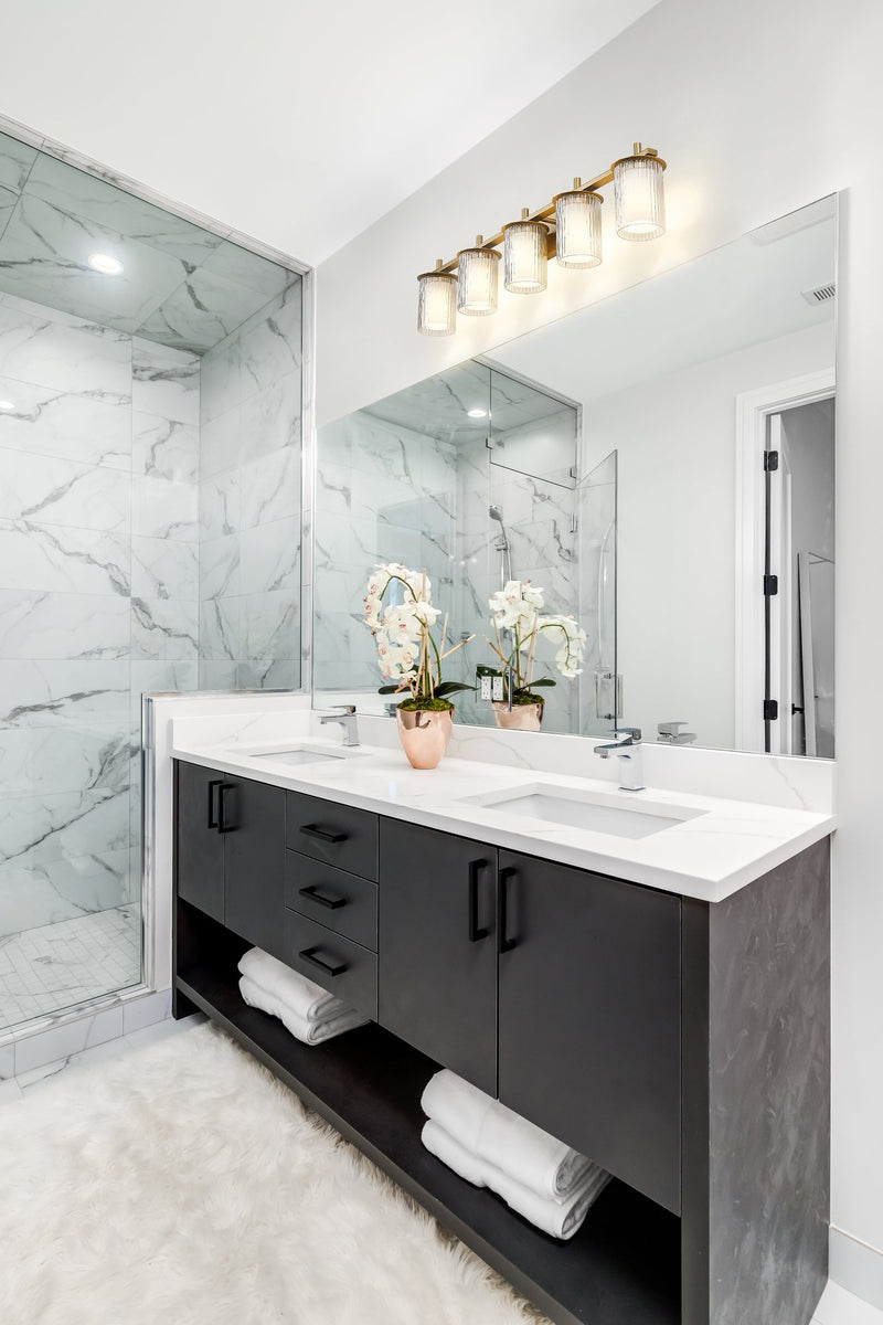 Grayson 5 Light 40" Vanity in Modern Gold in a room setting