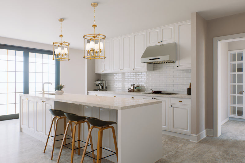 Katerina 4 Light 16" Pendant in Rubbed Brass in a room setting