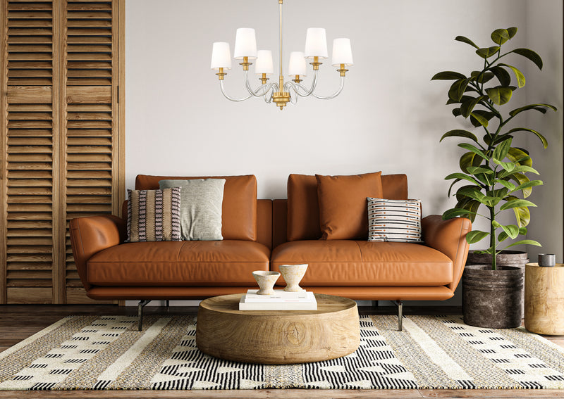 Katerina 6 Light 32" Chandelier in Rubbed Brass in a room setting