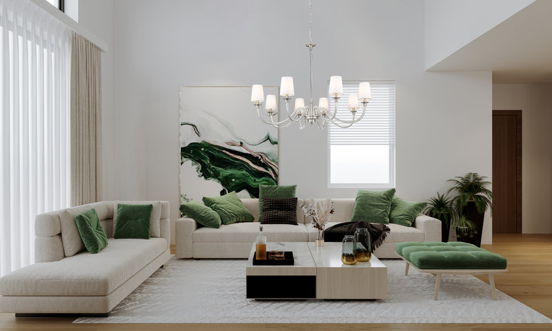 Katerina 8 Light 46" Chandelier in Brushed Nickel in a room setting