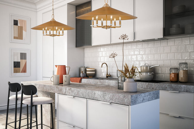 Rialto 6 Light 32" Pendant in Signature Gold in a room setting