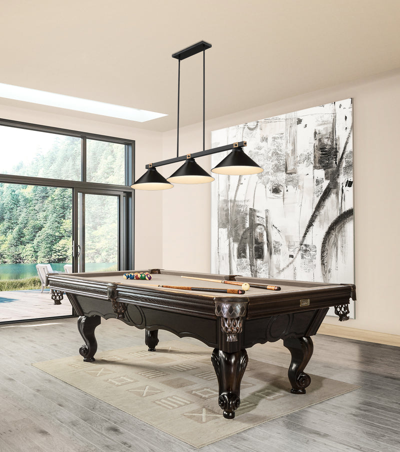 Bronte 3 Light Billiard in Matte Black Steel in a room setting