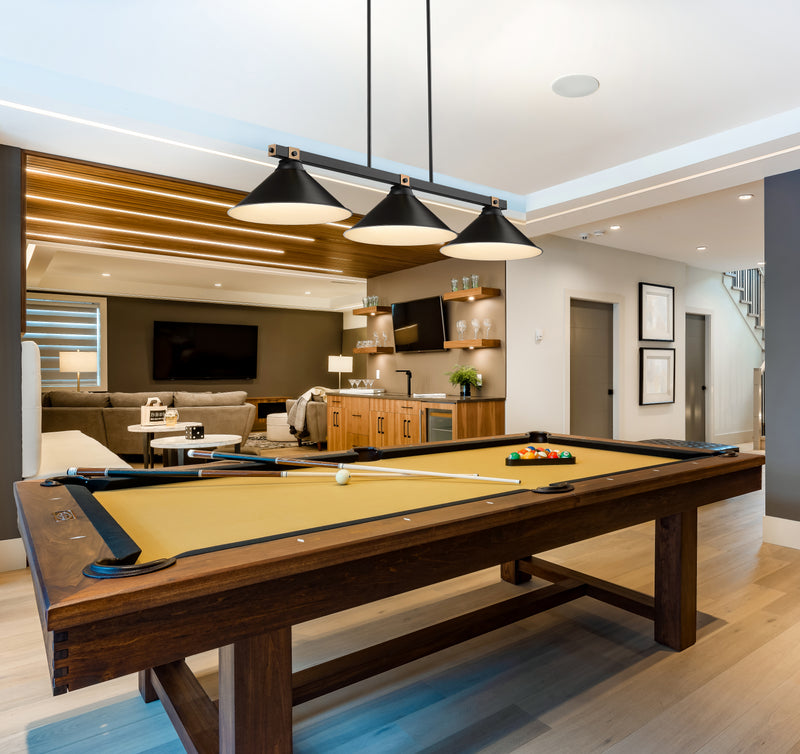 Bronte 3 Light Billiard in Matte Black Steel in a room setting