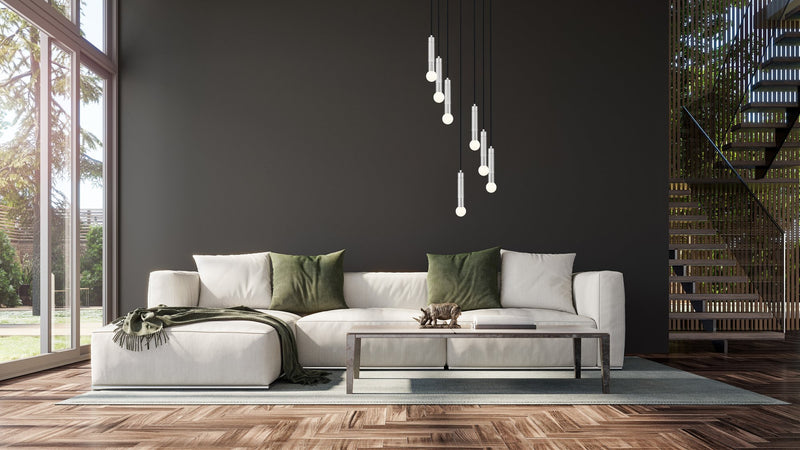 Stari 7 Light 18" Pendant in Brushed Nickel in a room setting
