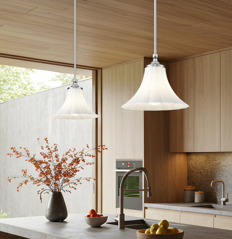 Fleur 1 Light 12" Pendant in Brushed Nickel in a room setting