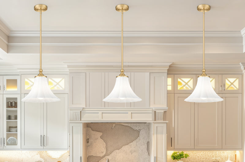 Fleur 1 Light 12" Pendant in Modern Gold in a room setting
