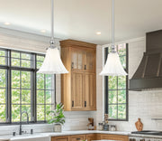 Fleur 1 Light 8" Pendant in Brushed Nickel in a room setting